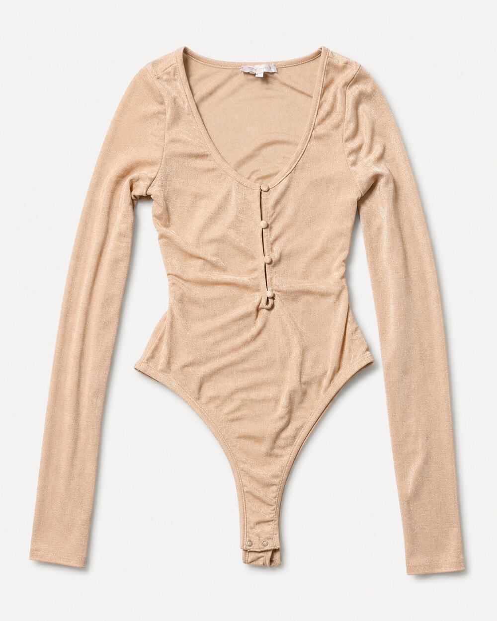 Olivaceous Size S Champagne Shimmer Long-Sleeve V-Neck Bodysuit